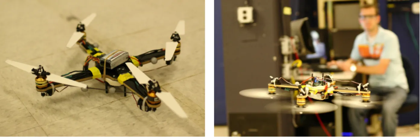 Figure 1. Variable-pitch quadrotor designed at the Aerospace Controls Lab. The servos that  ac-tuate the variable-pitch propellers are visible  un-der each of the motors