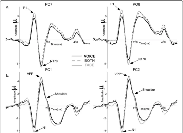 Figure 3 Grand average ERPs for the three tasks. (a) ERPs at PO7 (left) and PO8 (right) for the congruent stimuli in each attentional task showing the typical P1 and N170 components to faces