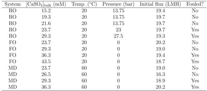 Table A.3: Inorganic fouling experimental conditions