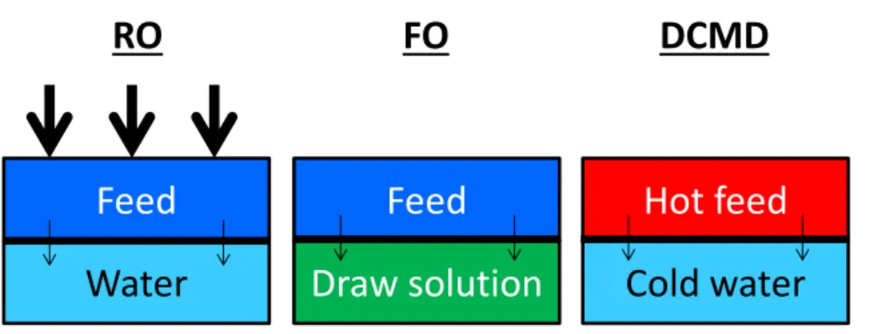 Figure 1: Schematic diagram of the operating conditions of desalination membranes in the systems consid- consid-ered: reverse osmosis (RO), forward osmosis (FO), and direct contact membrane distillation (MD)