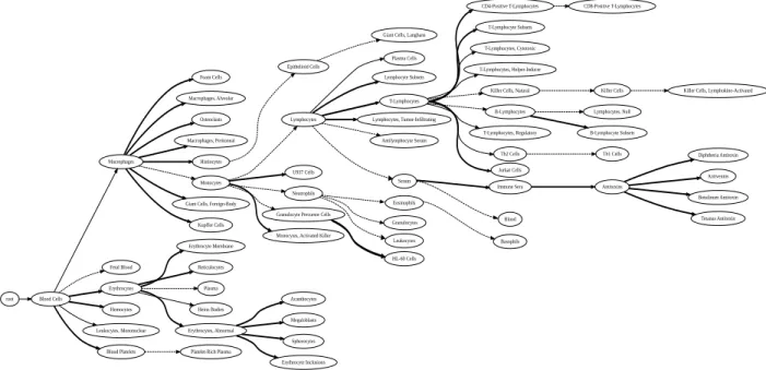 Figure 1. A generated taxonomy for “Blood”. The fat links are correct wrt. the MeSH benchmark, semi-fat links are in grand- or great-grandchild relation in MeSH.