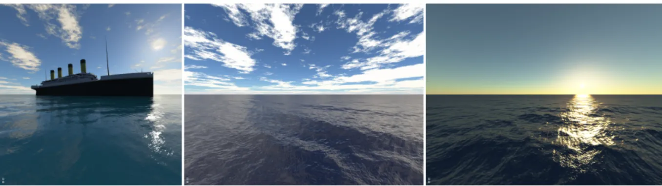 Figure 1: Some real-time results obtained with our method, showing Sun reflections, sky reflections and local reflections from a boat