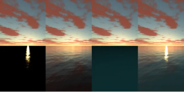 Figure 6: Ocean lighting. From left to right: we add the re- re-flected Sun light, the rere-flected sky light and the light refracted from the water to get the final result.