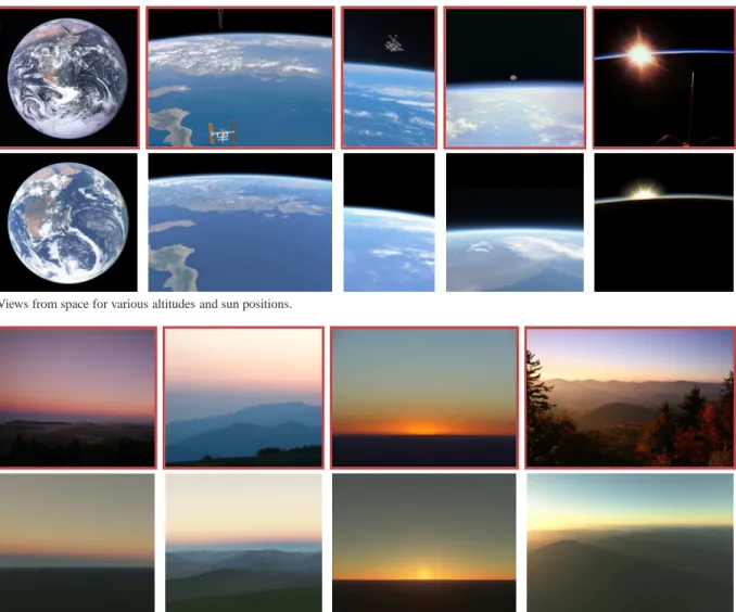 Figure 9: Results. Our results (no frames) compared with real photographs found on the Web (red frames)