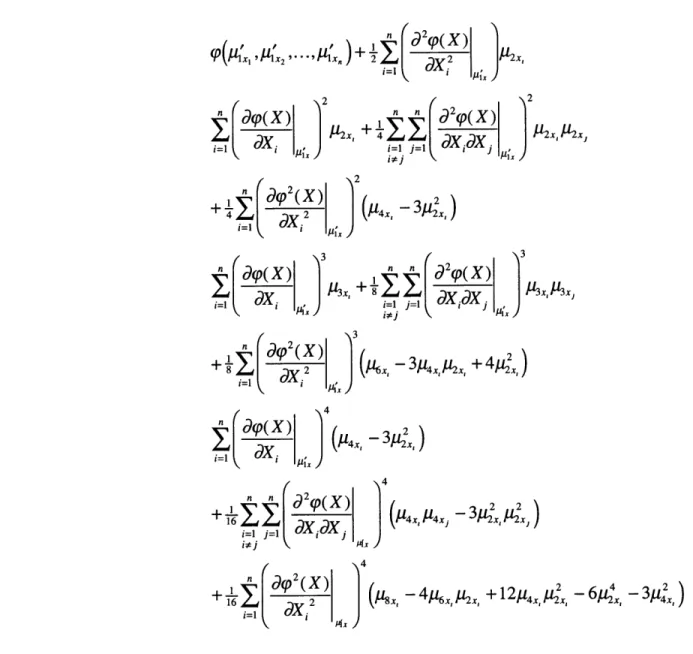 Table  3.2:  The  cumulants  of  Y  =  <p(X l , X 2 ,...,  X,)  as a  function  of the  central  moments  of XI,X 2 ,...,X,,  for McNichols'  second order  approximation  (see  Equation  (3.23))