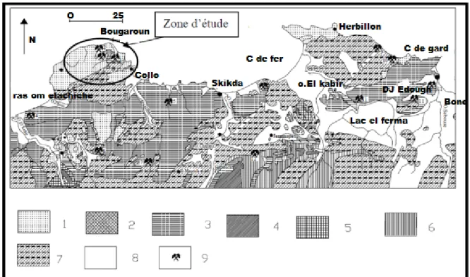 Fig. 1 : Carte géologique de la petite Kabylie de Collo et de la partie Ouest de la région  d’Annaba avec l’emplacement de quelques gîtes métallifères, (d’après Roubault, 1934)  (modifiée)