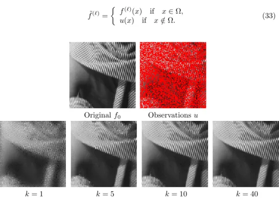 Figure 2: Display of the iterates f k of the algorithm for inpainting, in the case α = 1.