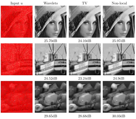 Figure 5: Examples of inpainting where Ω occupates 80% of pixels. The original images f 0 are displayed on the left of figure 8.