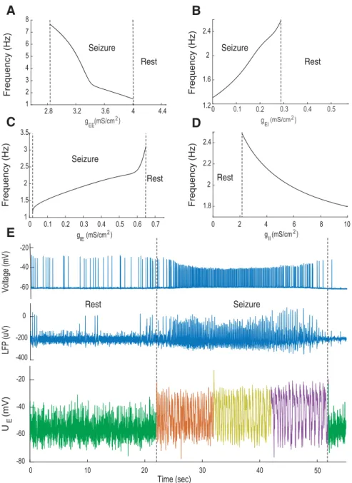 Figure 3. Oscillatory frequencies of the population model. A–D, Oscillatory frequencies of the population model in the absence of the synaptic noise (I E 共 t 兲 ⫽ 0) as a function of the synaptic conductance, g EE , g EI , g IE , g II 