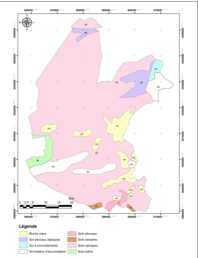 Figure 14 : Carte des sols de la région d’étude (source : carte des sols d’Algérie « Biskra » feuille N1.31, NE)560000570000580000590000 600000 610000IIIIINWEcqo—S+ — ooosabennso--ooosen2eneno-+++cqab+—oooena&gt;eneneceno—+++—ooososenrmo_-oorm'oo5enenrmcho