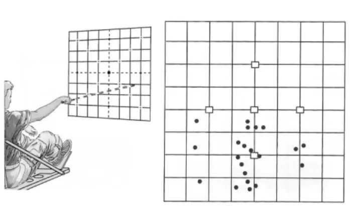 Figure  3.  This  experiment  measured  the  pointing  accuracy  during spaceflight. The subjects looked at one of the 5 cardinal  targets,  then  closed  their  eyes  and  pointed  a  laser  beam  at  the  remembered target position