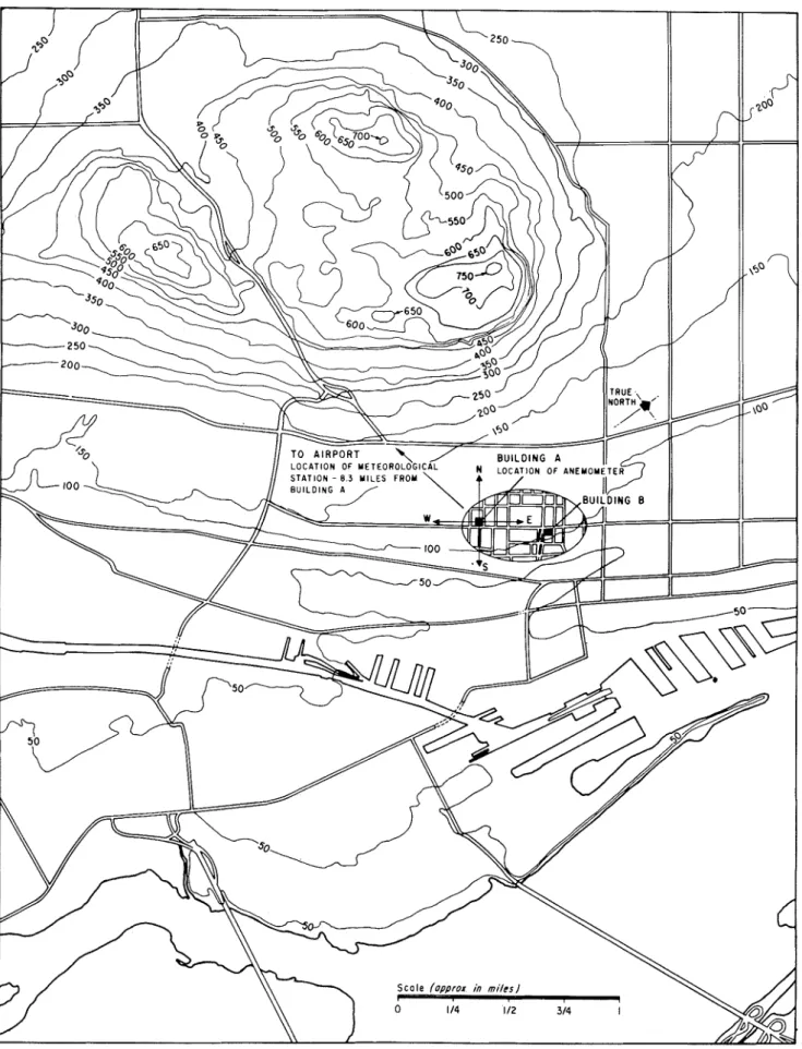 Fig.  3  Contour  map  of  the terrain  surrounding  test  buildings 