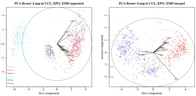 Figure 4: Principal component analysis of two assays of 10 symbols in 6 submatrices, extracted from CCL, EPO, and XMD according to keywords “Breast” and “Lung”