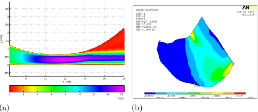 Fig. 3. Simulation of the upper airway obstruction from pre-operative data. (a) Velocity of the fluid at the level of the constriction (isovalues)