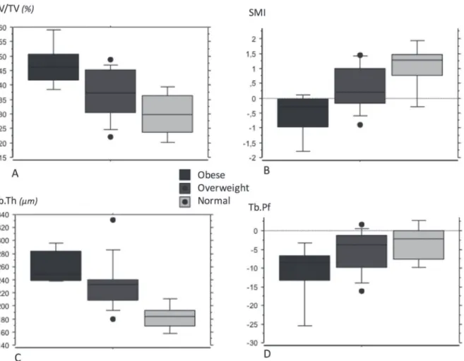 Figure 3. Box-plot for each body weight subgroup (normal, overweight, obese) for micro-CT parameters of the medial tibial plateau: bone volume fraction (BV/TV) (A), structure model index (SMI) (B), trabecular thickness (Tb.Th) (C), and trabecular pattern f