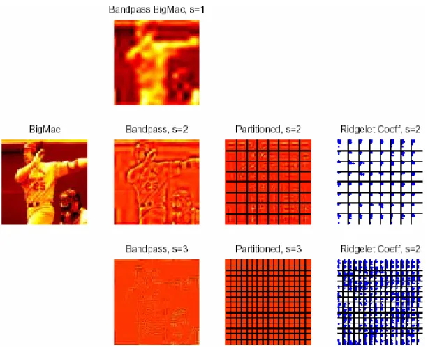 Figure 2.10: L’image BigMac (256x256 pixels), et les étapes de l’analyse par Curvelets 