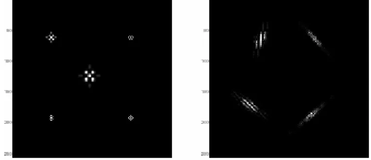 Figure 2.11: Représentations d’image par Ondelettes et Contourlets. (a) Exemples de cinq  fonctions de base pour la transformée en ondelettes 2-D