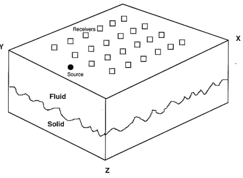 Figure 3: Schematic diagram of the model geometry used to compute the synthetic rough interface reflection data