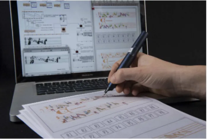 Figure 1: pOM in action. Pen events on the paper interface trigger musical processes in OpenMusic which and  gener-ate direct audio-visual feedback