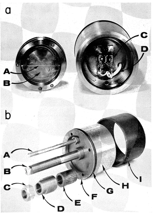 FIG. 4.  Earth  pressure  cells.  ( a )   Interior  view  of  cell.  A  =  Vibrating  wire;  B  =  Dia-  phragm;  C  =  hjlngnct  Assembly;  D  =  Lead wire
