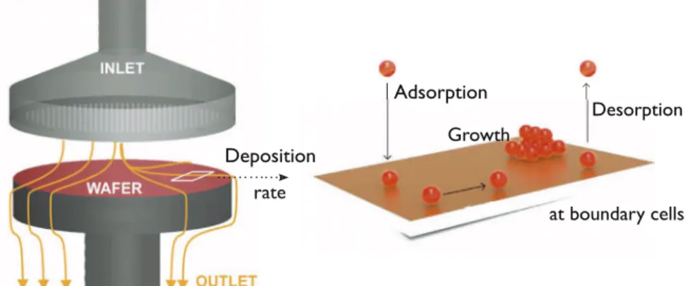 Fig. 1. Schematic description of the multiscale framework: the reactor scale (macroscale) applies the experimental operating conditions to simulate the transport phe- phe-nomena and feeds the microscopic model with the computed mass fractions at the surfac