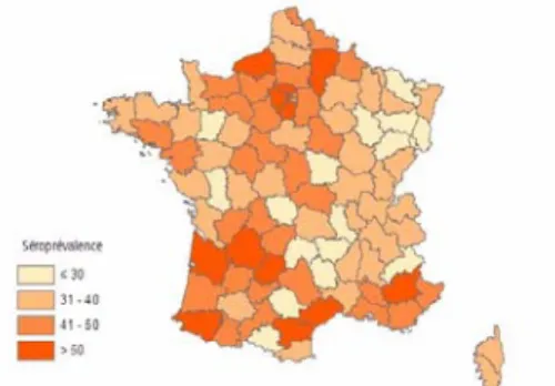 Figure 1 : Distribution de la séroprévalence de la toxoplasmose chez les femmes  enceintes, par département, standardisée sur l’âge, France, 2003