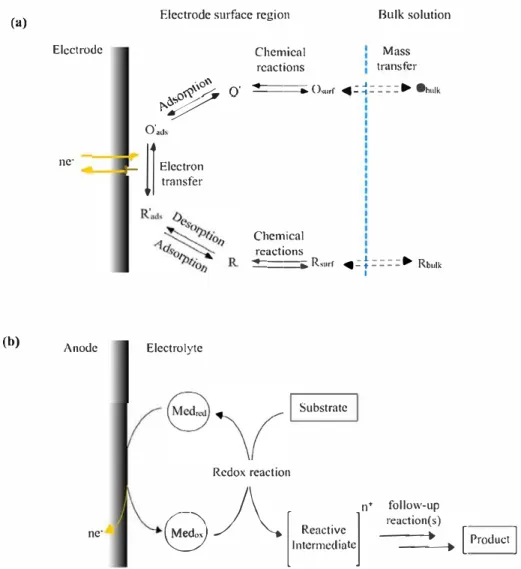 Fig. 7.  Basic principles of a) direct electrolysis and b) indirect electrolysis (Francke and Little, 2014;  Pauwels, 2018} 