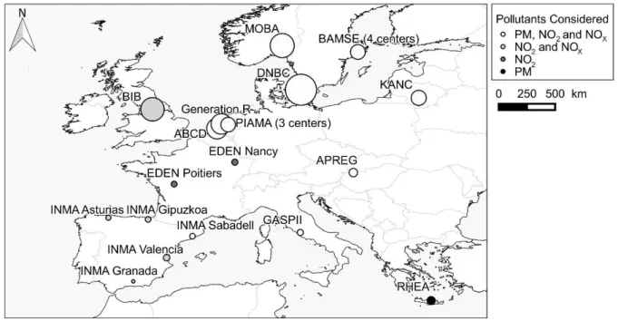 Figure II-3: Map of cohorts included in the ESCAPE preterm delivery study 