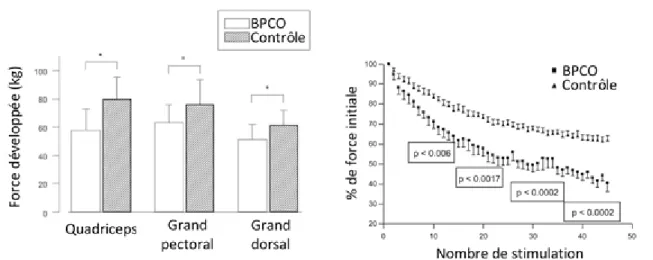 Figure 8 : Répercussions de la BPCO sur les qualités de force (A) et d’endurance (B) du muscle quadriceps  (figure issu de Kim et coll., 2008 ; [83] et Swallow et coll., 2007 ; [84]).BPCO : Bronchopneumopathie  Chronique Obstructive