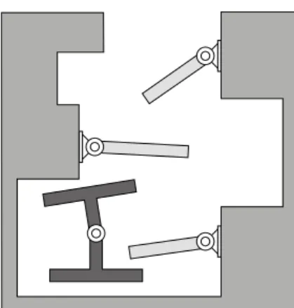 Fig. 1. Disassembly path planning problem for two objects with articulated parts. The problem consists in finding a path to extract the small (dark) object from the big one.