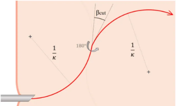 Figure 4: Needle tip behaviour following the modified uni- uni-cycle kinematic model. Insertion with an instantaneous  ro-tation of 180 ◦ 