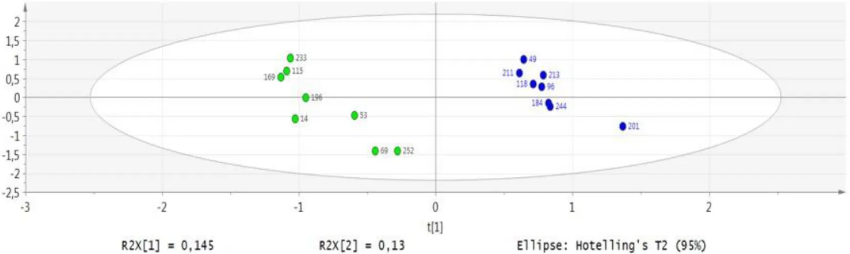 Figure 6 : PLS-DA avec deux variables latentes des échantillons de foie à J12 avec des  rendements  technologiques  extrêmes