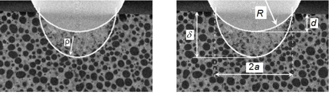 Figure 4: (a) Section of the plaster sample at stage j . The indenter is the two-shaded gray domain bounded by the top white circle