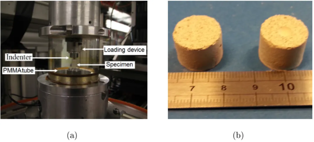 Figure 2: (a) In-situ indentation test. (b) Sample prior to and after the indentation test