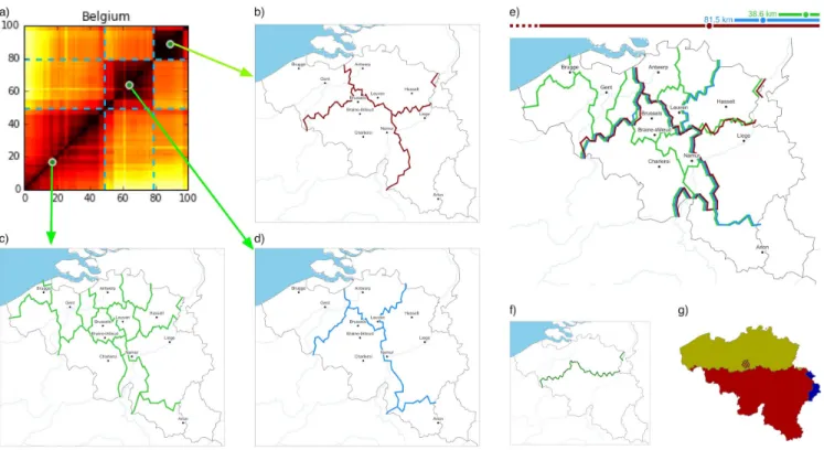 FIG. 2. Belgium borders at different scales. a) Heat map extracted from figure 1; b) Borders for the long distance scale;