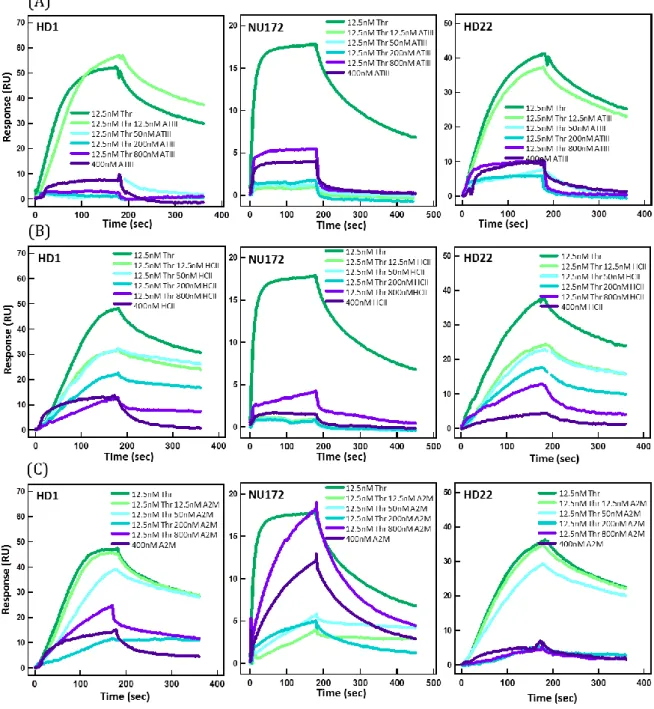 Figure S4:  Interaction of inhibitor-thrombin complexes with thrombin. Sensograms  of interaction of immobilized aptamers HD1, NU172, and HD22 with 12.5nM thrombin incubated  for 30 minutes with increasing concentrations of (A ) ATIII,(B) HCII and (C) A2M 