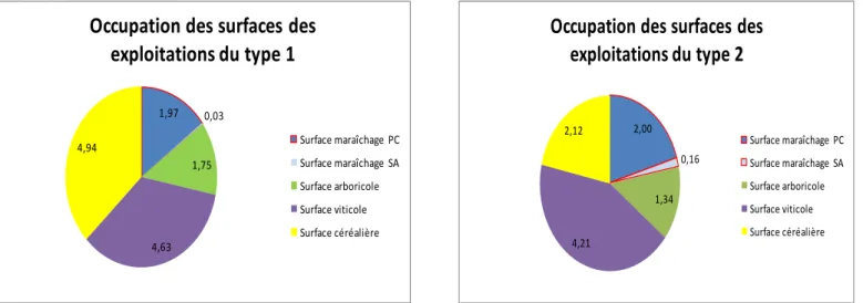 Figure 15 : Occupation des surfaces agricoles des exploitations des types 1 et 2 (PC=Plein Champ, SA= Sous-Abri)
