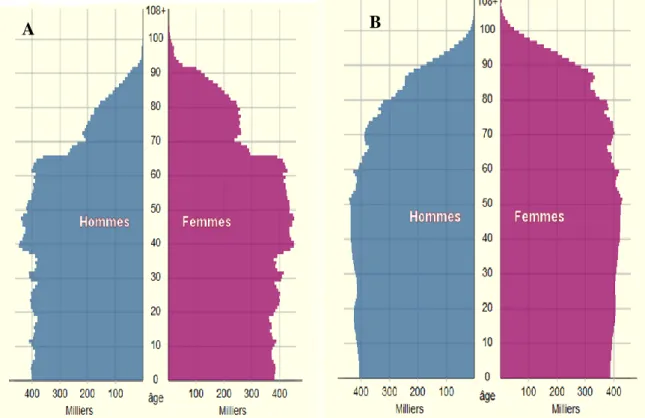 Figure  1 :  Pyramide des âges en France  métropolitaine au 1 er   janvier 2012 (A) et projection  2060 (B) 