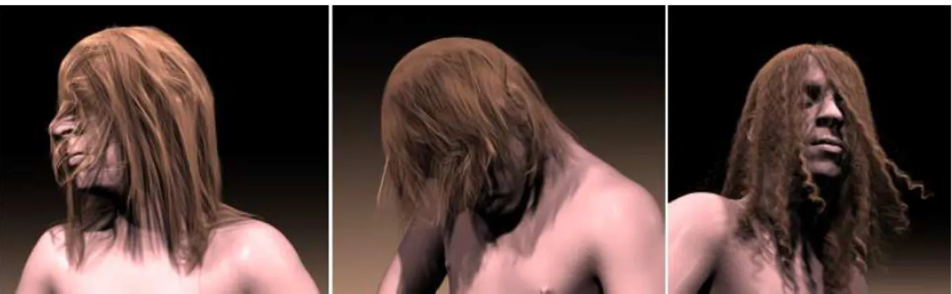 Figure 1.4: Full hair models simulations [SLF08]. (Left) Ten thousand long straight hair (Middle) Ten thousand medium length straight hairs (Right) Five thousand long curly hairs.