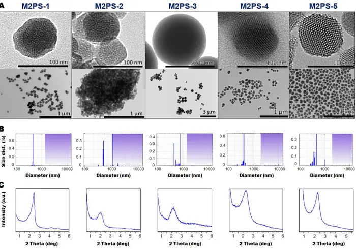 Figure  1.  TEM  images  (A),  DLS  size  distributions  (B),  and  small  angles  XRD  patterns  of  M2PS-1  to  M2PS-5 NPs (C)