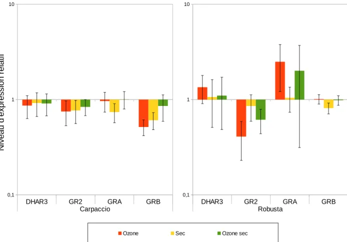 Figure 9 :Niveau d'expression foliaire de DHAR3, GR2, GRA, GRB mesuré par RT-qPCR pour chaque génotype de peuplier au temps  2 de l’expérience