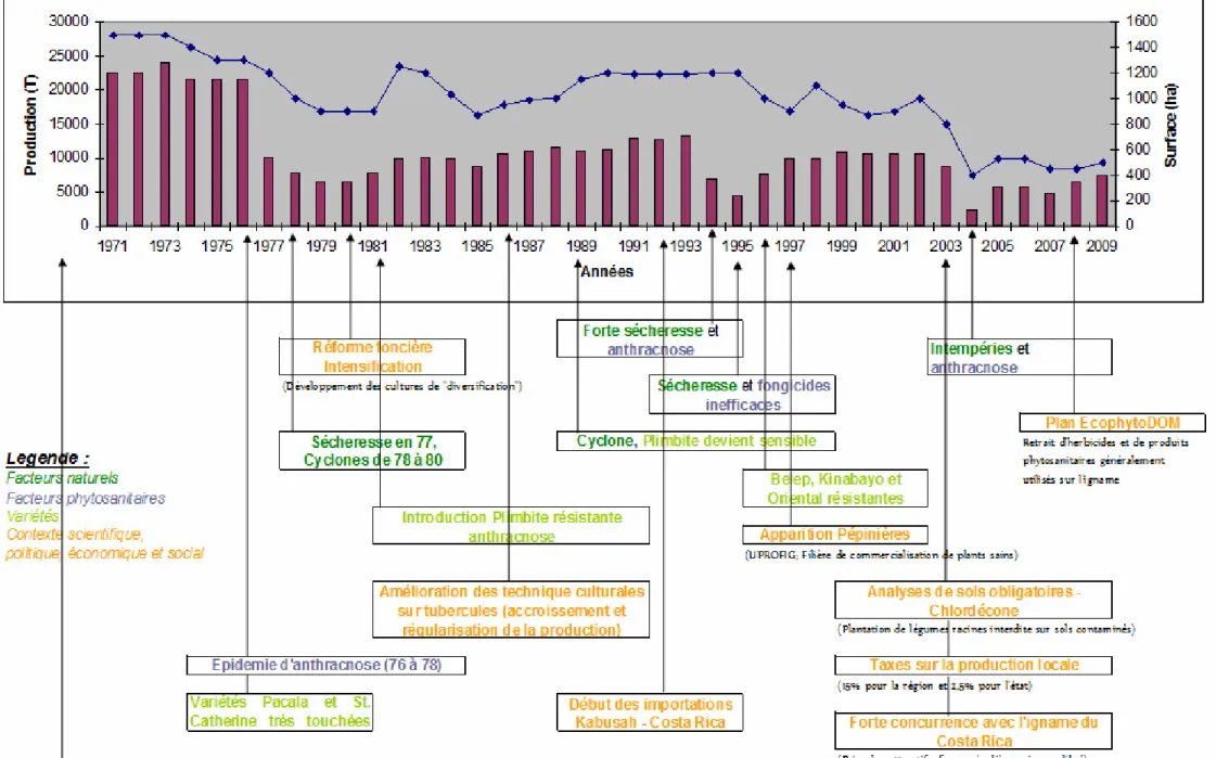 Figure 1 : Frise chronologique retraçant les principaux évènements contextuels ayant pu affecter la production d’igname en Guadeloupe ; Années 1971 à 2009 