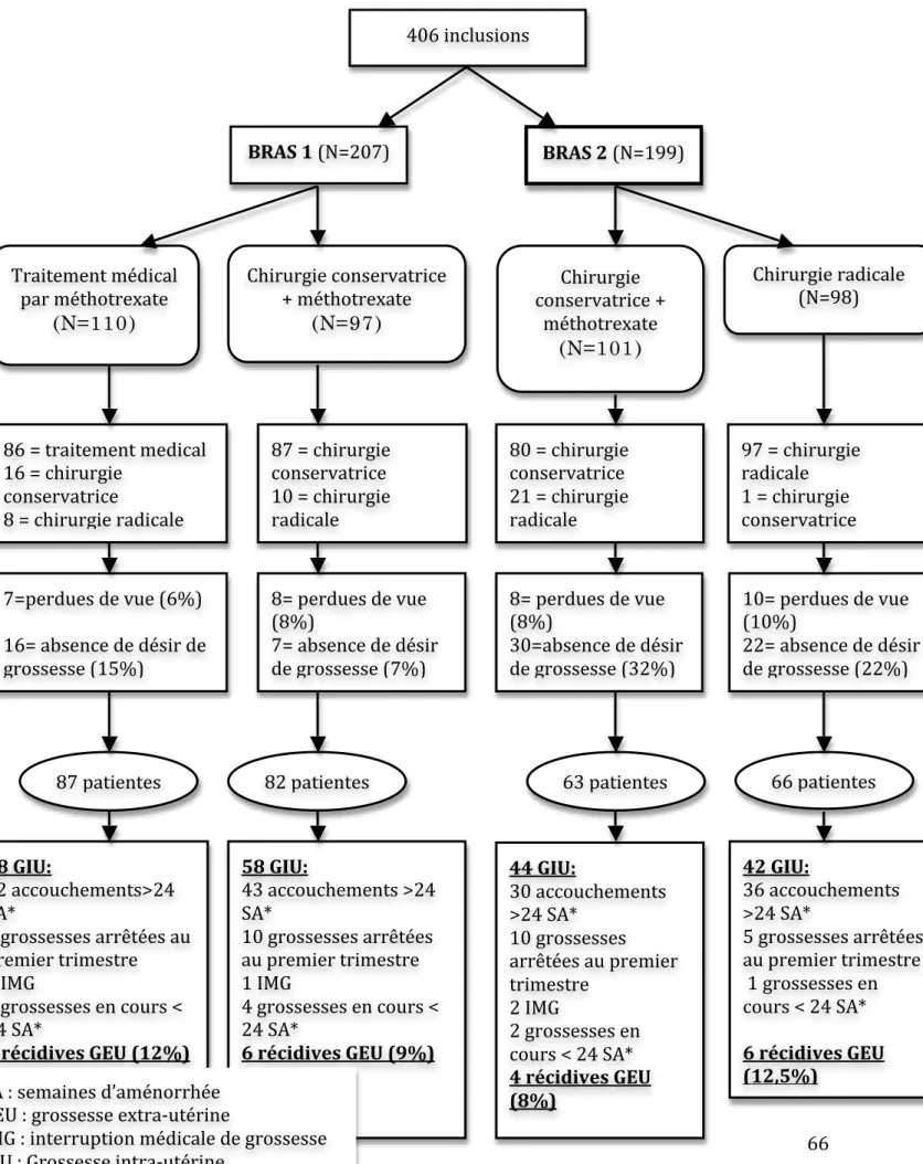 Figure   3:   Diagramme   de   flux   des   patientes        BRAS   1   (N=207)        BRAS   2   (N=199)   406   inclusions    Traitement   médical    par   méthotrexate    (N=110)     Chirurgie   conservatrice   +   méthotrexate  (N=97)    Chirurgie    c