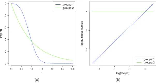Figure 4.2 – Courbes (a) de survie et (b) du log-risque cumulé théoriques pour deux groupes d’individus déﬁnis par les deux valeurs d’une covariable binaire, dans le cadre du modèle à risques non-proportionnels
