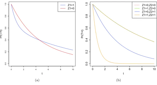 Figure 4.3 – Courbes de survie théoriques en fonction (a) de la variable Z (1) ; (b) des groupes déﬁnis par la combinaison des valeurs de Z (1) et Z (2) .