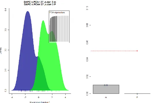 Figure  3  A  gauche  la  courbe  de  densité  de  la  DAPC  avec  27  composantes  principales  et  capturant 98% de la variabilité pour la table esprittree