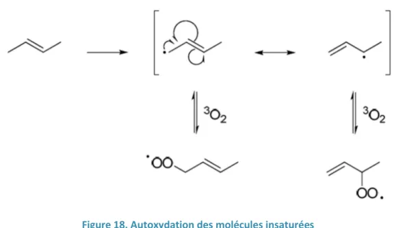 Figure 18. Autoxydation des molécules insaturées  D’après la thèse de D. Kao, 2010. 