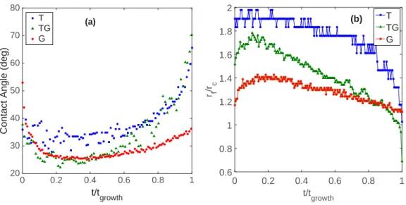 FIG. 4. Evolution of (a) the contact angle and (b) the bubble foot.