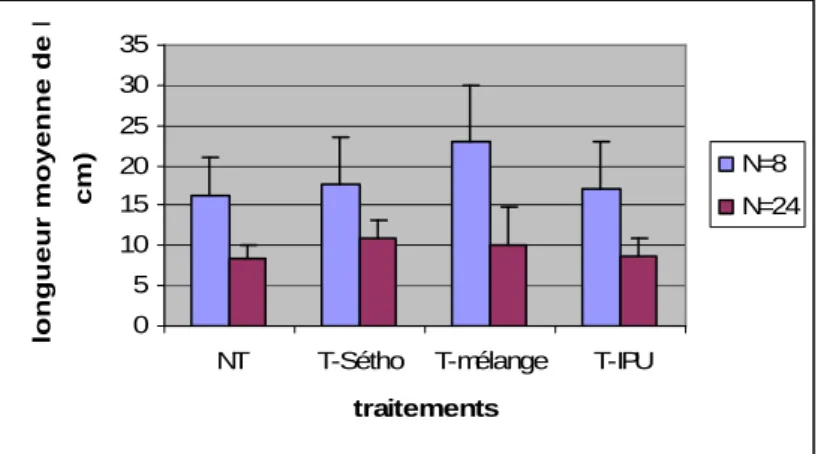 Figure 8 : Longueur moyenne de l’épi des R-Sétho à f(R)=100% en fonction de la densité et du traitement