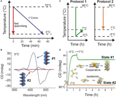 Figure 1.4.  Modulating temperature to control self-assembly. (A) Schematic representation of different cooling  rates from the molecularly dissolved state at 70 °C in MCH to the self-assembled state at 0 °C